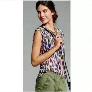 CAbi Plume Feather Print Cap Sleeve V-Neck Sheer Blouse Colorful Abstract Top